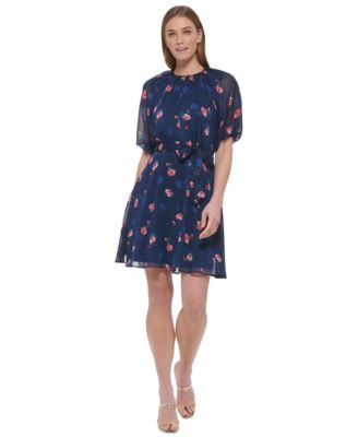 DKNY - Women's Floral-Print Chiffon Puff-Sleeve Belted Dress