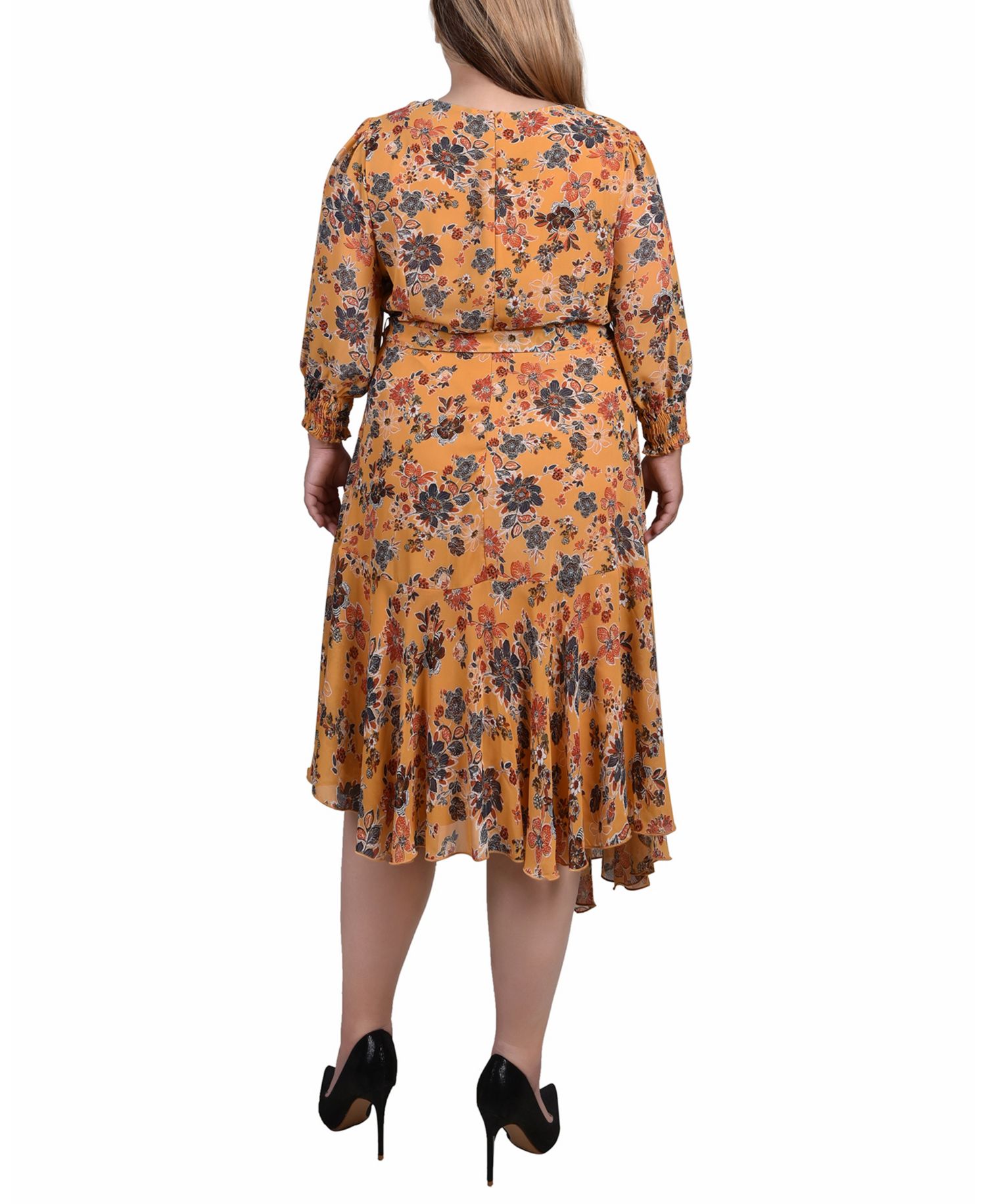 Plus Size 3/4 Sleeve Belted Chiffon Handkerchief Hem Dress