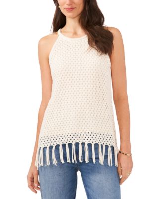Vince Camuto - Women's Cotton Mesh-Stitch Fringed Halter Top