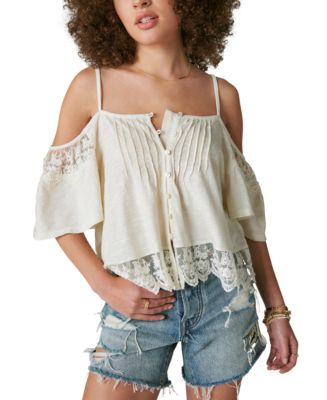 Lucky Brand Women s Embroidered Lace Cold Shoulder Top Macy s