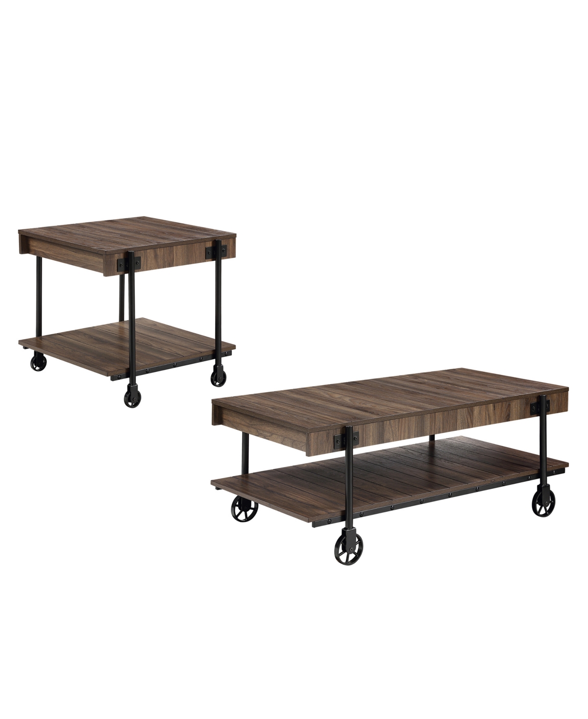 Furniture Of America Luther 2 Piece Steel Industrial Coffee End Table Set In Black And Dark Walnut