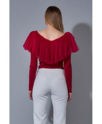 Women's Mixed Media Mesh Pleated Ruffle Top