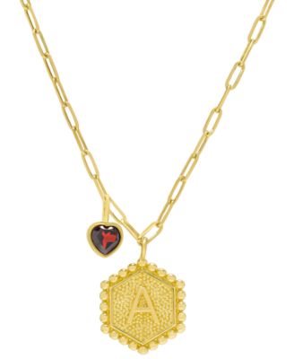 Macy's - Garnet & Initial Disc 18" Pendant Necklace (1/2 ct. t.w.) in 14k Gold-Plated Sterling Silver