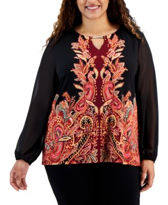 JM Collection - Plus Size Printed Chiffon-Sleeve Embellished-Neck Top