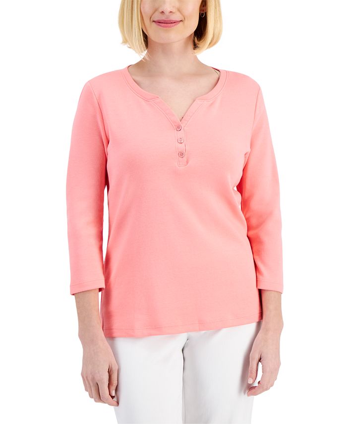 Karen Scott Women's Cotton Henley Shirt Blue Size Petite L