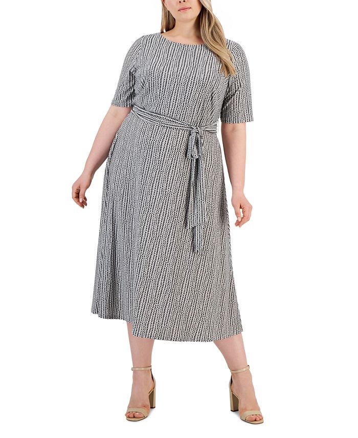 Kasper Plus Size Printed Fit & Flare Tie-Waist Knit Midi Dress - Macy's