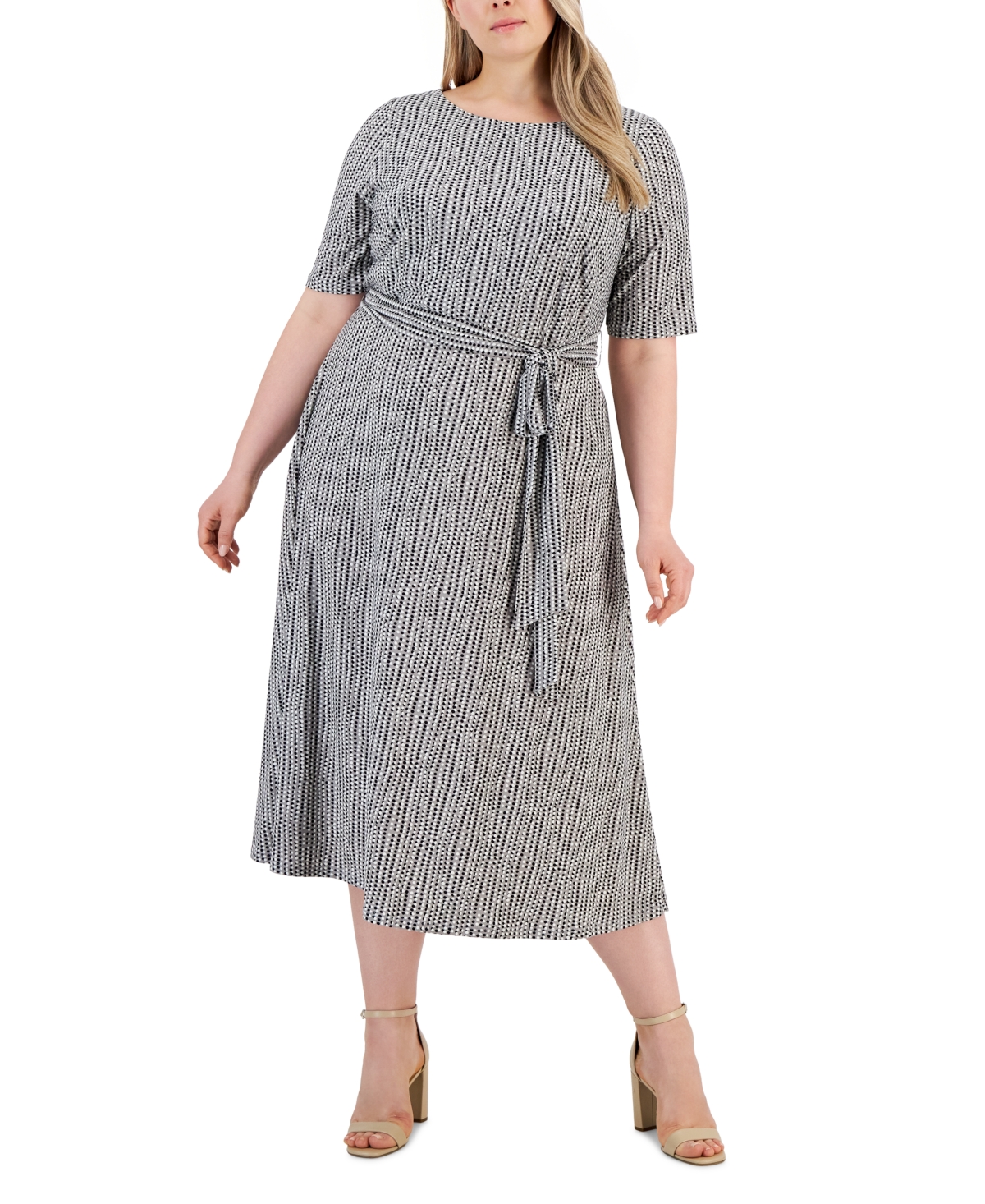 Plus Size Printed Fit & Flare Tie-Waist Knit Midi Dress - Cerise Multi
