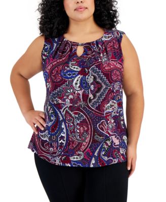 Kasper - Plus Size Paisley-Print Keyhole Top