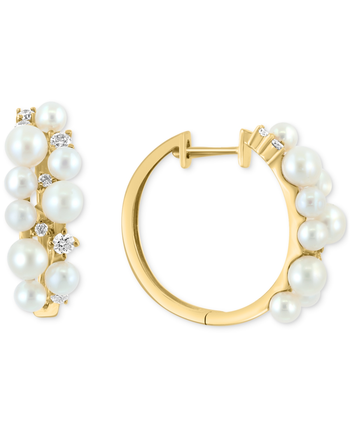 Effy Collection Effy Freshwater Pearl (3-4mm) & Diamond (1/3 Ct. T.w.) Small Cluster Hoop Earrings In 14k Gold, 0.75