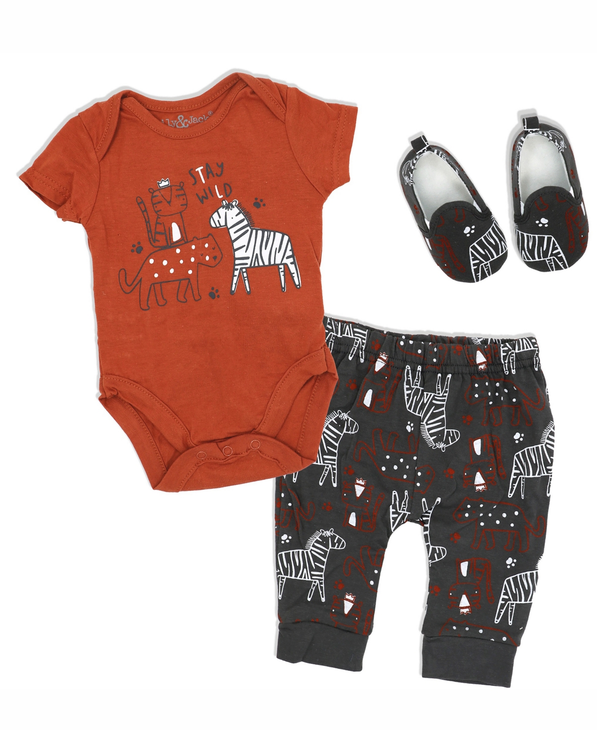 Lily & Jack Baby Boys Stay Wild Bodysuit, Jogger Pants And Shoes, 3 Piece Set In Terra Cotta