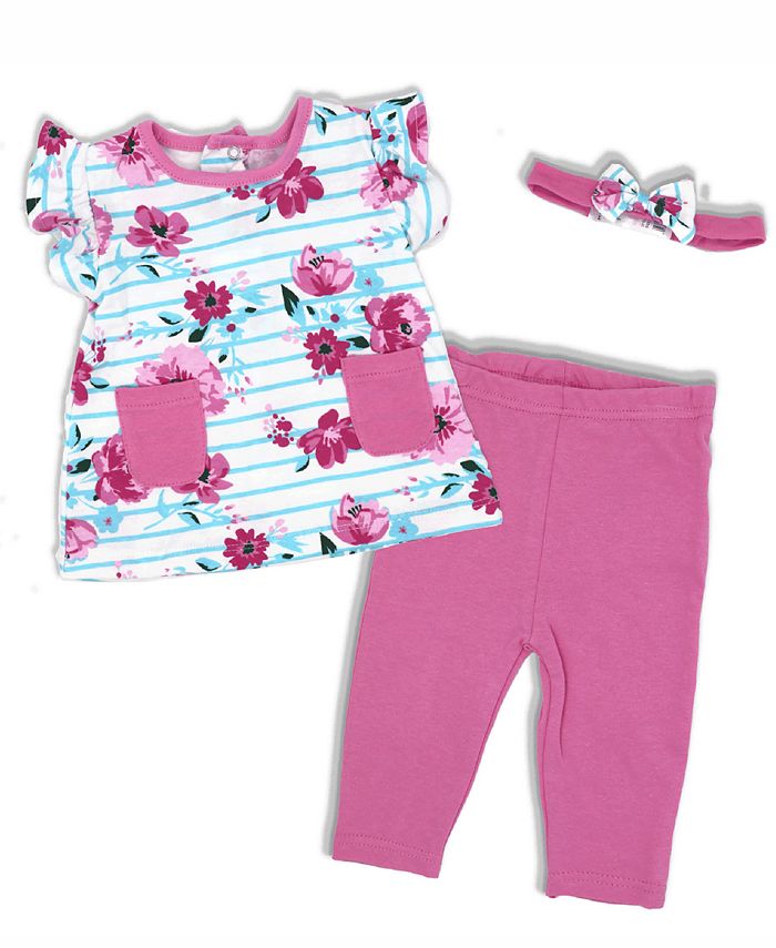 Miss Baby Girls Pink Floral Top, Legging Pants and Headband, 3 Piece