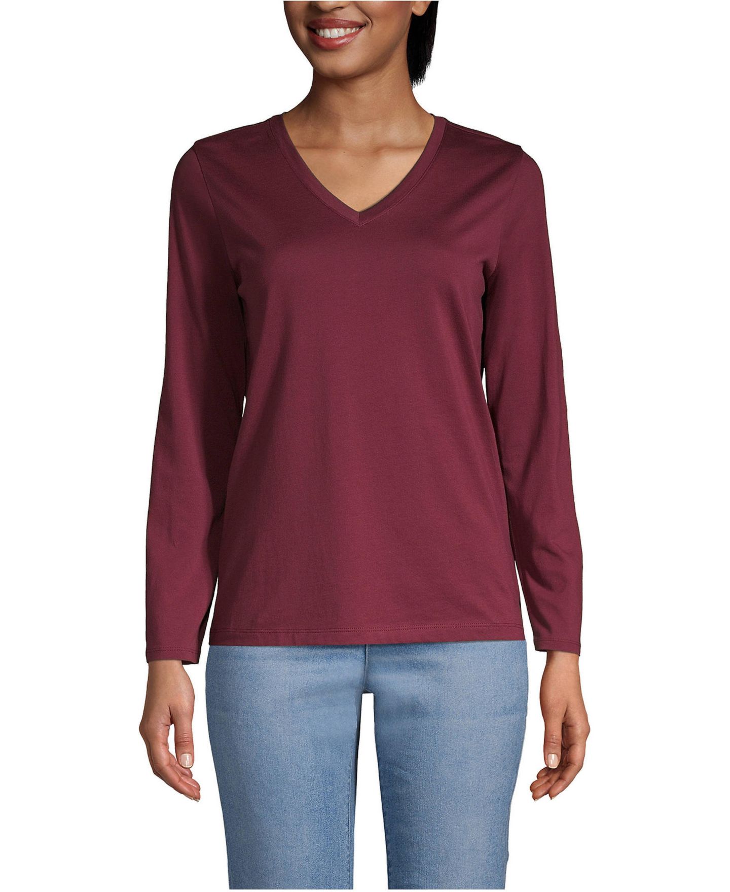 Женская футболка Lands' End Supima Cotton Long Sleeve V-Neck, цвет: Насыщенный бордовый — фото 1
