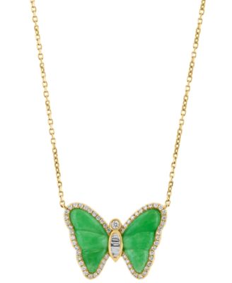EFFY Collection - Dyed Jade & Diamond (1/4 ct. t.w.) Butterfly 18" Pendant Necklace in 14k Gold