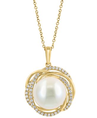 EFFY&reg; Freshwater Pearl (13mm) & Diamond (1/3  ct. t.w.) Spiral Halo 16" Pendant Necklace in 14k Gold