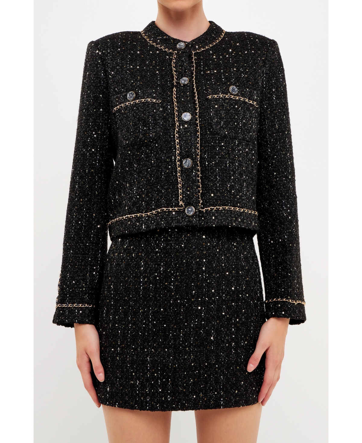 Endless Rose Chain-trimmed Tweed Jacket In Black
