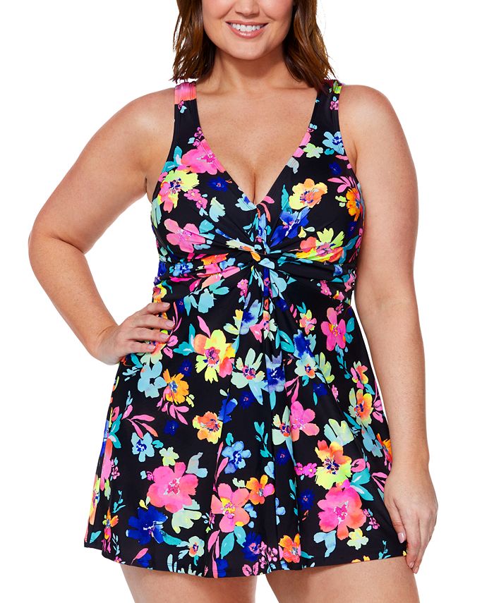 Island Escape Plus Size Magnolia Floral-Print Swim Dress, Created for  Macy's - Macy's