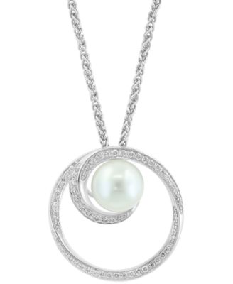 EFFY&reg; Freshwater Pearl (8-1/2mm) & Diamond (1/3 ct. t.w.) Swirling Circle 18" Pendant Necklace in Sterling Silver