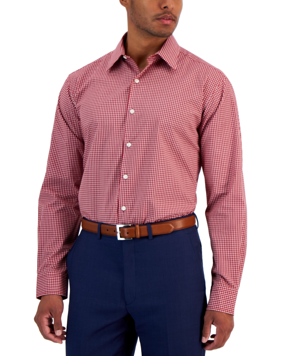 Men's Regular Fit Check Dress Shirt, Created for Macy's - Biking Red Whit