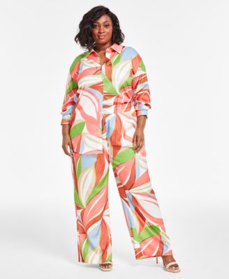 Nina Parker Trendy Plus Size Tropical Print Shirt Wide Leg Pants In Exploded Leaf