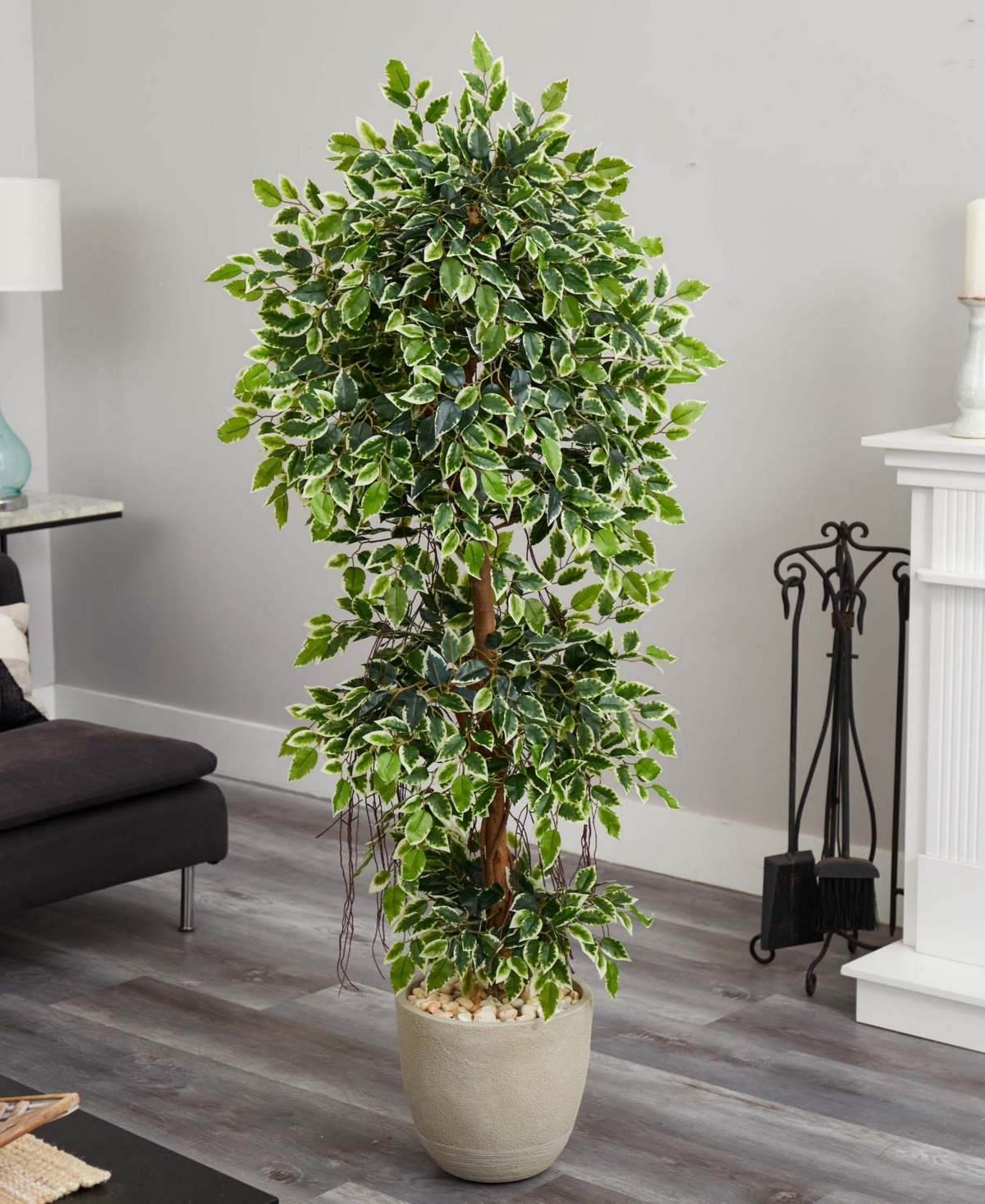 Nearly Natural 63" Elegant Ficus Artificial Tree In Sandstone Planter In Green