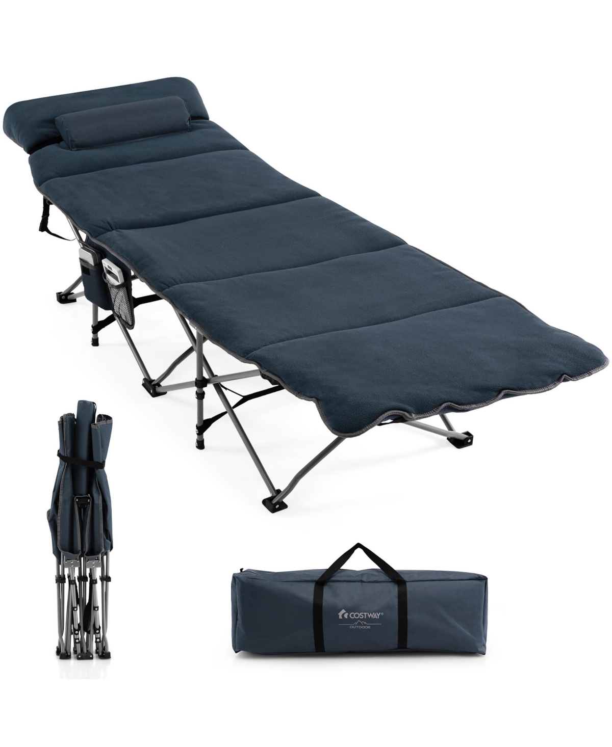 Folding Retractable Travel Camping Cot w/Removable Mattress & Carry Bag - Blue