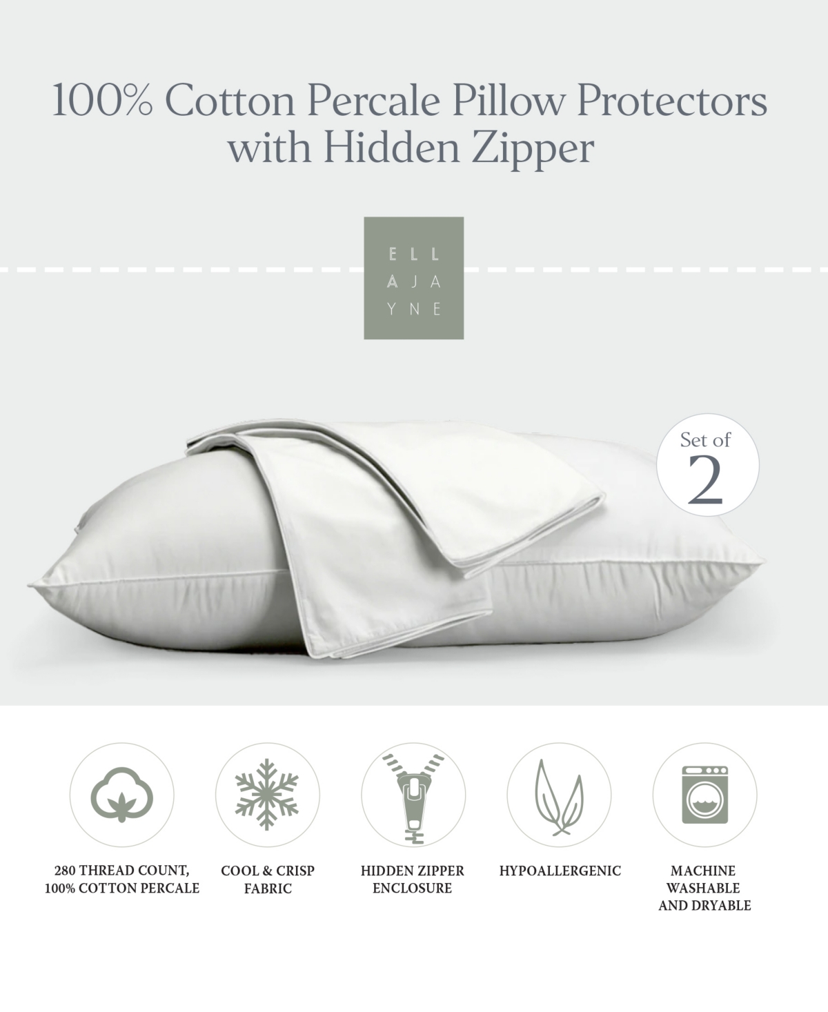 Ella Jayne 100% Cotton Percale Hidden Zipper 2-Pack Pillow Protectors
