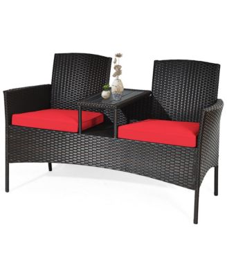 Patio Rattan Loveseat Sofa Cushioned Coffee Table