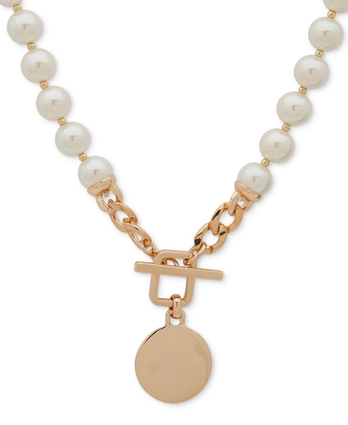 Anne Klein Gold-tone Disc Imitation Pearl Beaded 16" Pendant Necklace In Crystal