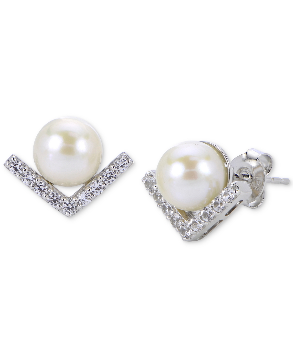 Macy's Cultured Freshwater Pearl (7mm) & Lab-created White Sapphire (1/3 Ct. T.w.) Chevron Stud Earrings In In Sterling Silver