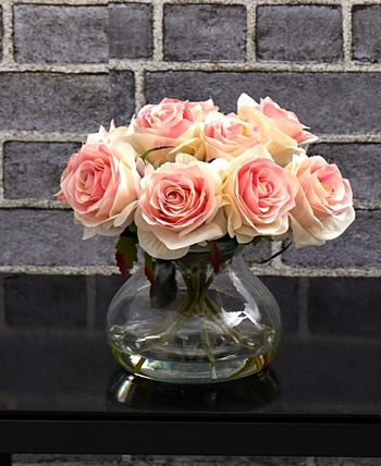 Nearly Natural Pink Rose Artificial Arrangement with Vase - Macy's