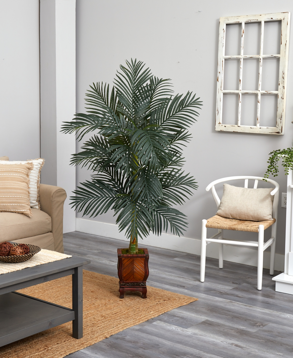 Nearly Natural 4.5' Golden Cane Palm Artificial Tree in Decorative Wood Planter