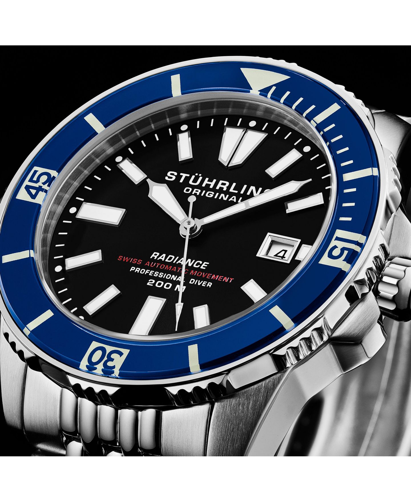 Мужские часы Stuhrling Men s Radiance Heritage 1006 43mm Swiss Automatic Diver Watch, Super-LumiNova Dial, Oyster-Style Bracelet, 200M WR, цвет: Серебряный — фото 2