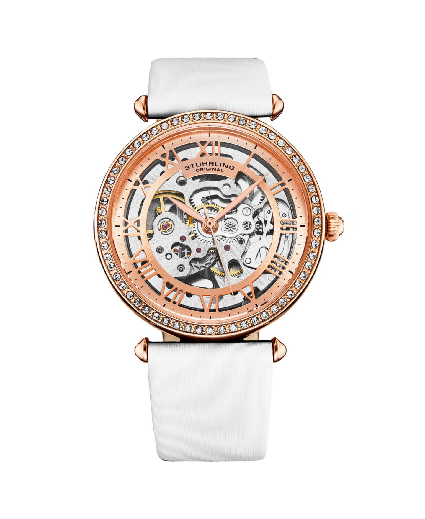 Женские часы Stuhrling Legacy, белый кожаный ремешок, розово-золотой циферблат, 45 мм — фото 1