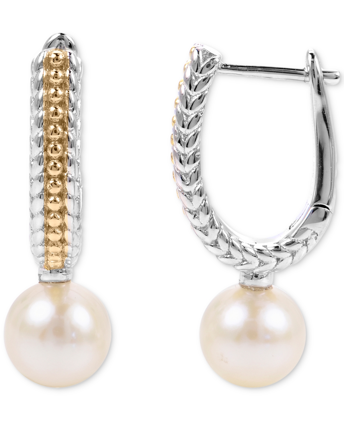 Macy's Cultured Freshwater Pearl (6 1/2mm) Hoop Earrings In Sterling Silver & 14k Gold-plate In Gold Over Silver