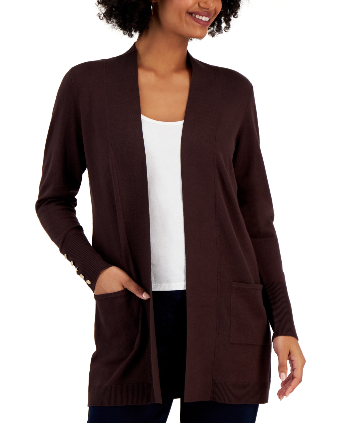 Jm Collection Petite Open-front Buttoned-cuff Cardigan, Created