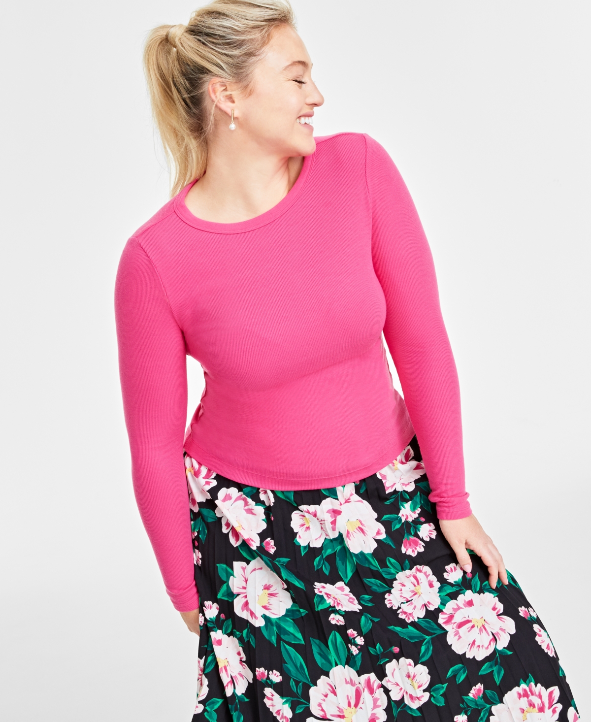 On 34th Women's Ribbed Long-sleeve Crewneck Top, Created For Macy's In Fuchsia Purple