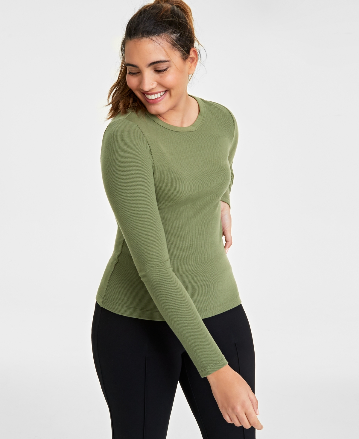 On 34th Women's Ribbed Long-sleeve Crewneck Top, Created For Macy's In Olivine