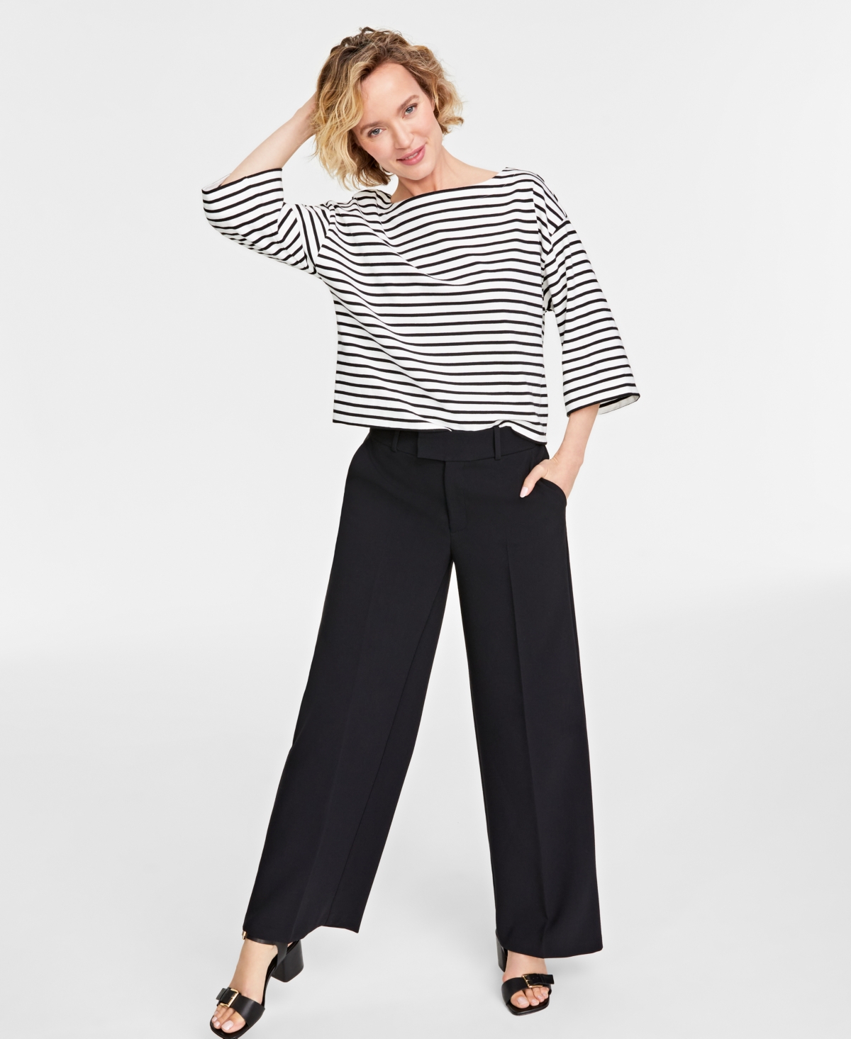 Women's Double-Weave Wide-Leg Pants, Regular and Short Length, Created for Macy's - Deep Black