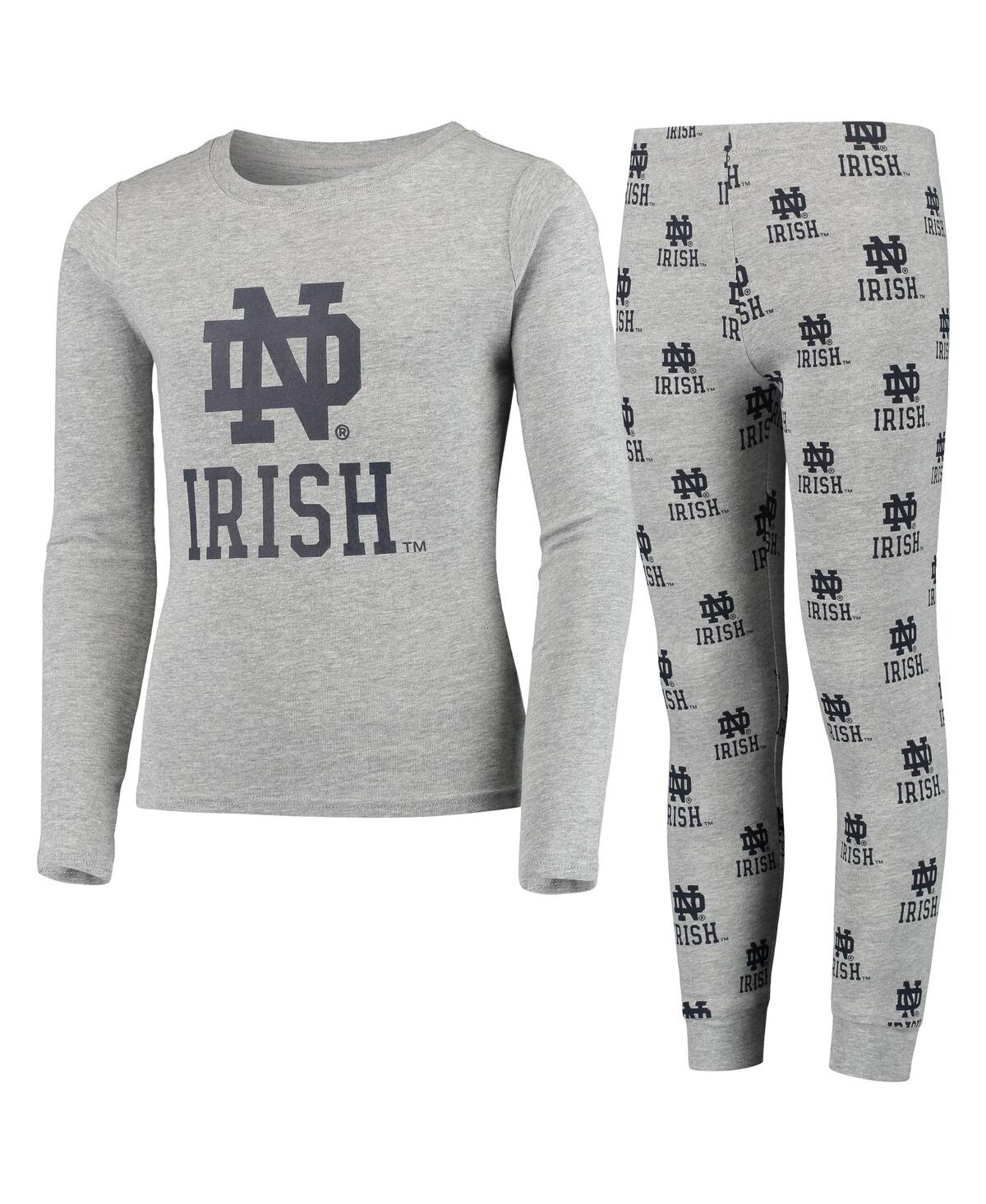 Outerstuff Kids' Big Boys And Girls Heathered Gray Notre Dame Fighting Irish Long Sleeve T-shirt And Pant Sleep Set
