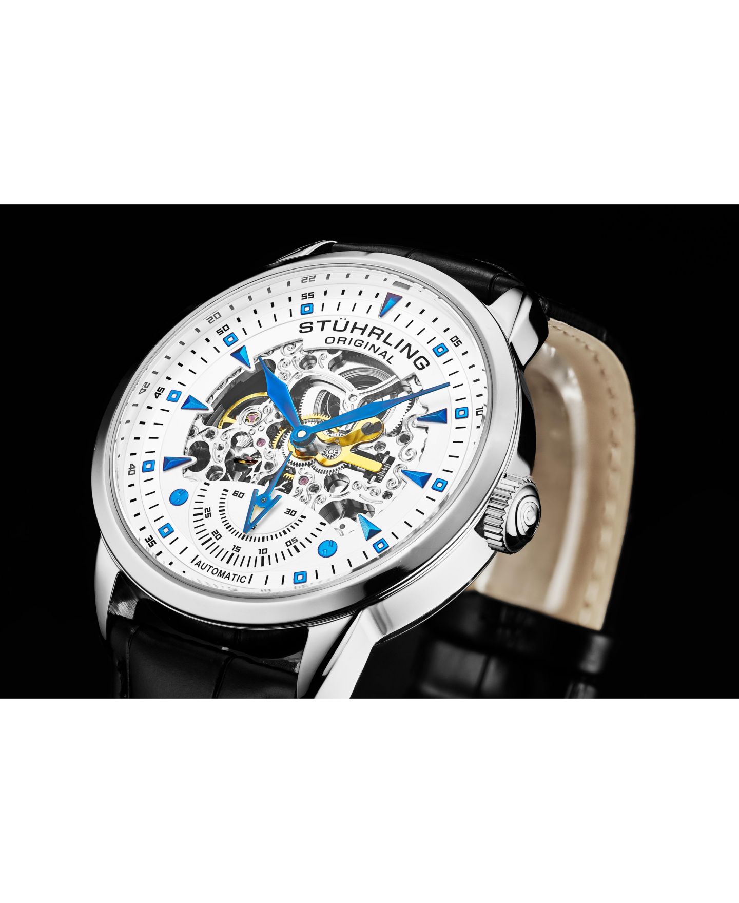 Мужские круглые часы Stuhrling Legacy с чёрным кожаным ремешком, белый циферблат, 44 мм — фото 2