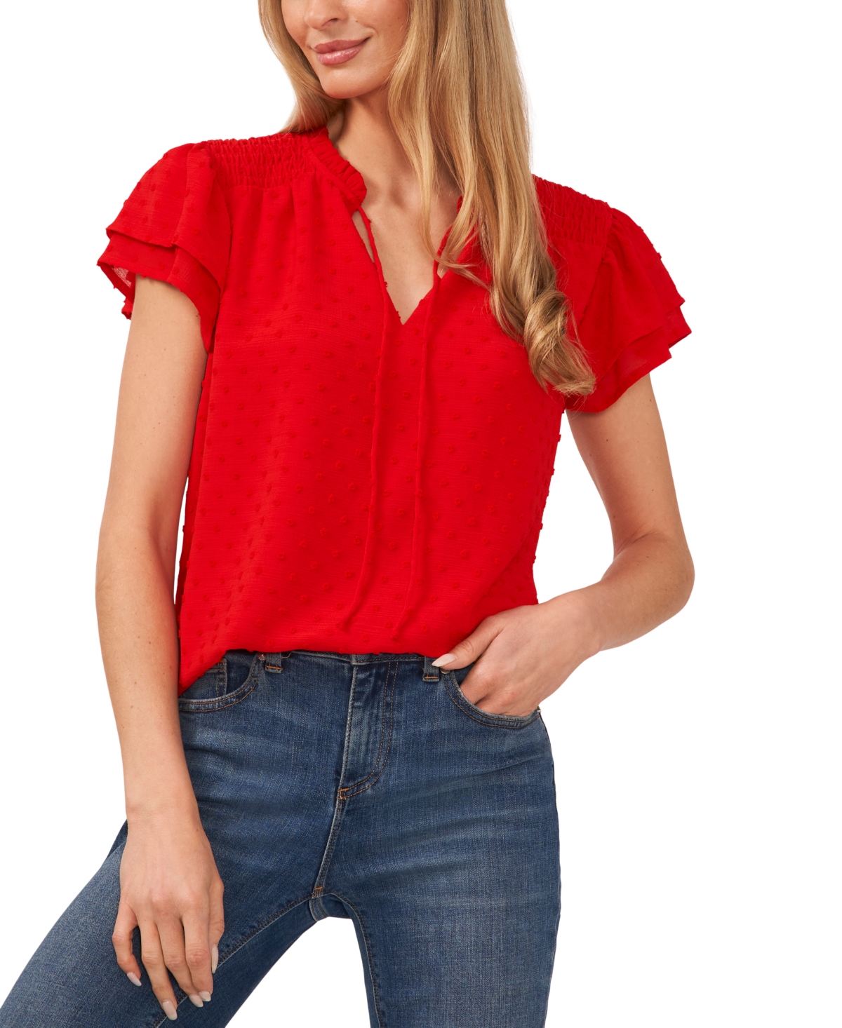 CECE CECE WOMEN'S SWISS-DOT TIERED-FLUTTER-SLEEVE BLOUSE
