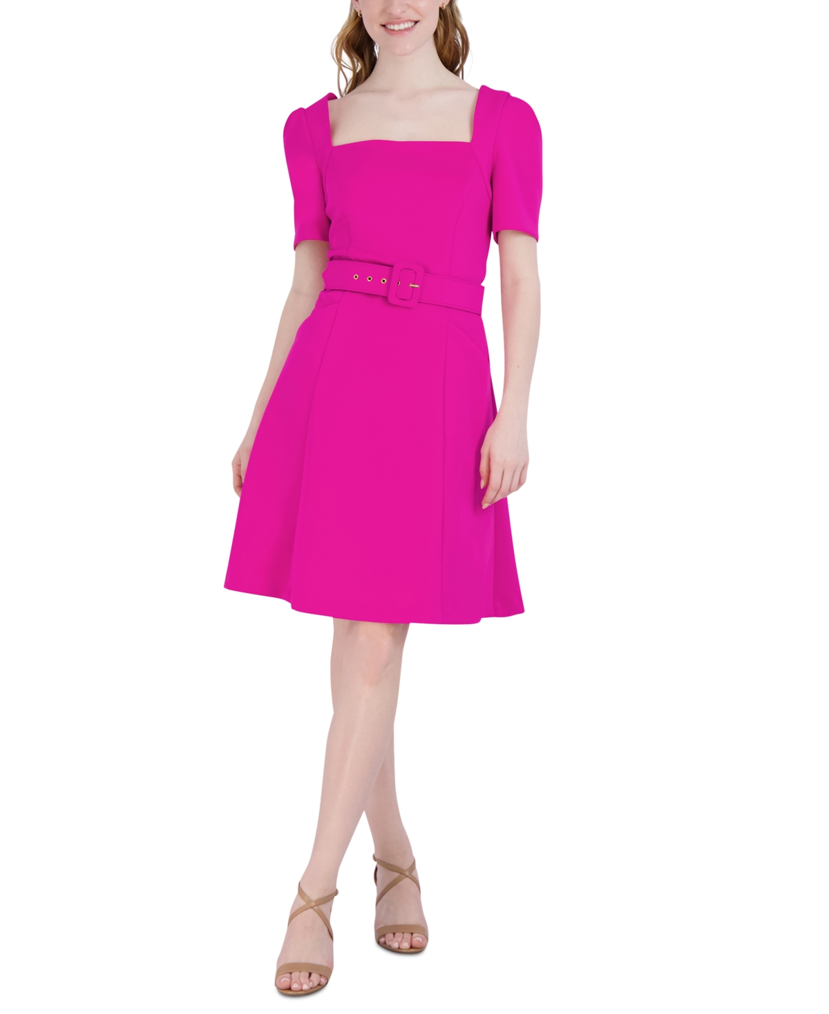 Shop Donna Ricco Donna Rico Women's Belted Fit & Flare Dress In Fuchsia