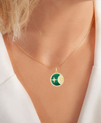 Malachite & Cubic Zirconia Star & Sun Disc 18" Pendant Necklace