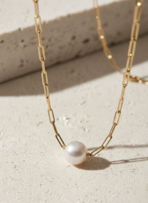 18K Gold Plated Paper Clip Chain with Extra Large Freshwater Pearls - Rhode Necklace 17" For Women