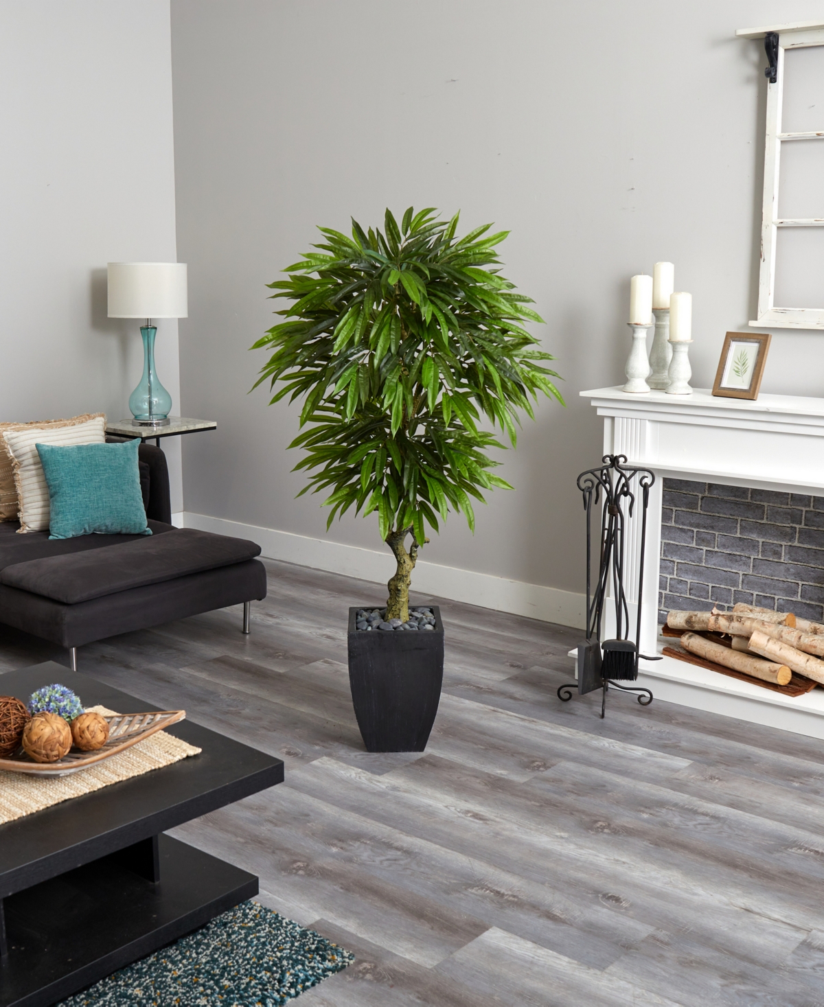 NEARLY NATURAL 5.5' MANGO ARTIFICIAL TREE IN BLACK WASH PLANTER UV RESISTANT 