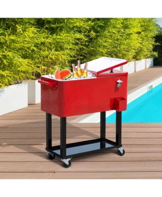80 QT Rolling Cooling Bins Ice Chest on Wheels Outdoor Stand Up Drink Cooler Cart for Party, Red