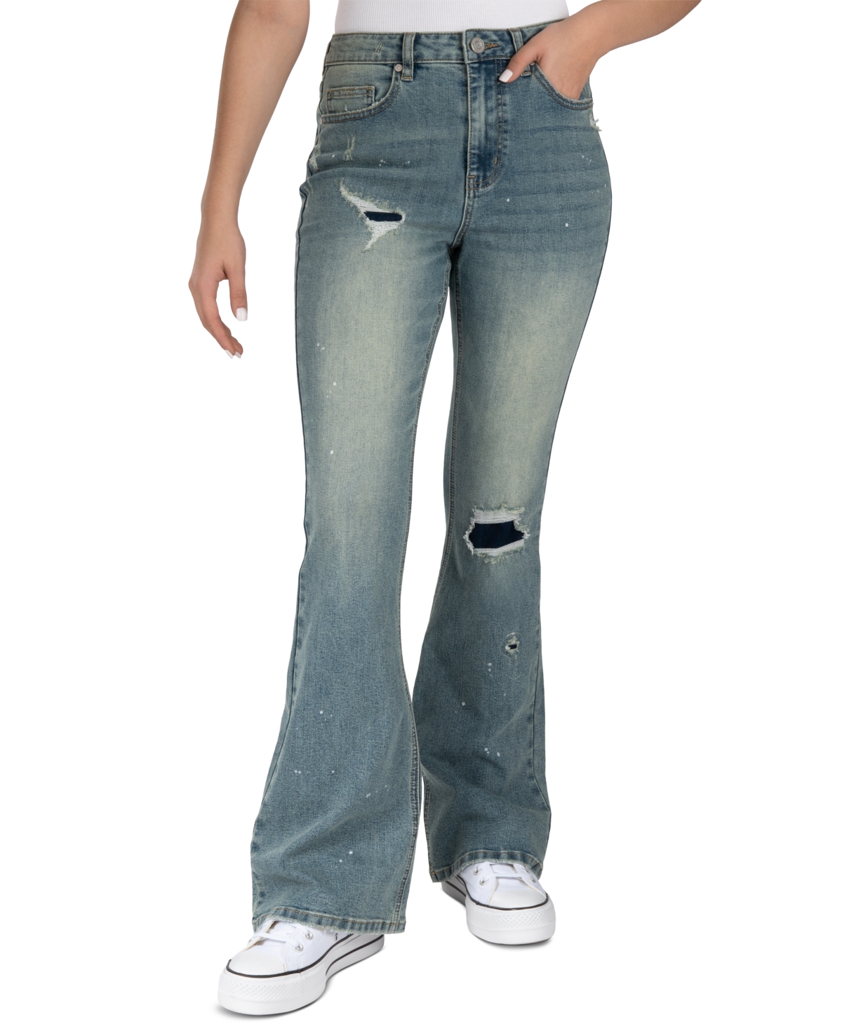 Indigo Rein Juniors' High-Rise Ripped Flare Jeans