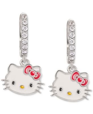 Cubic Zirconia & Enamel  Hello Kitty Dangle Hoop Drop Earrings in Sterling Silver