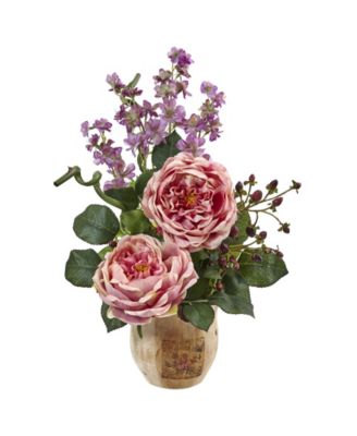 Nearly Natural - Large Rose and Dancing Daisy in Wooden Pot