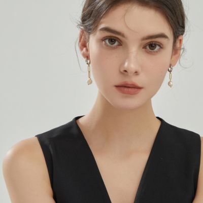 Two-Tone Mismatched Drop Earrings with Silver Huggies, Gold Paperclip Chains & Freshwater Pearls